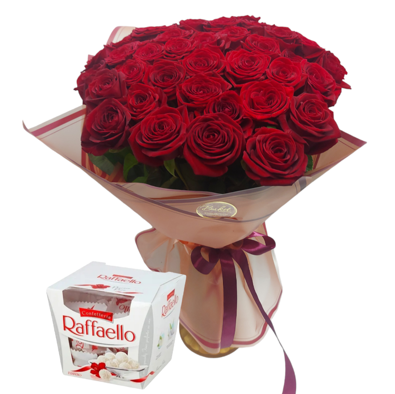 "Подвійне задоволення" 35 троянд +Raffaello 